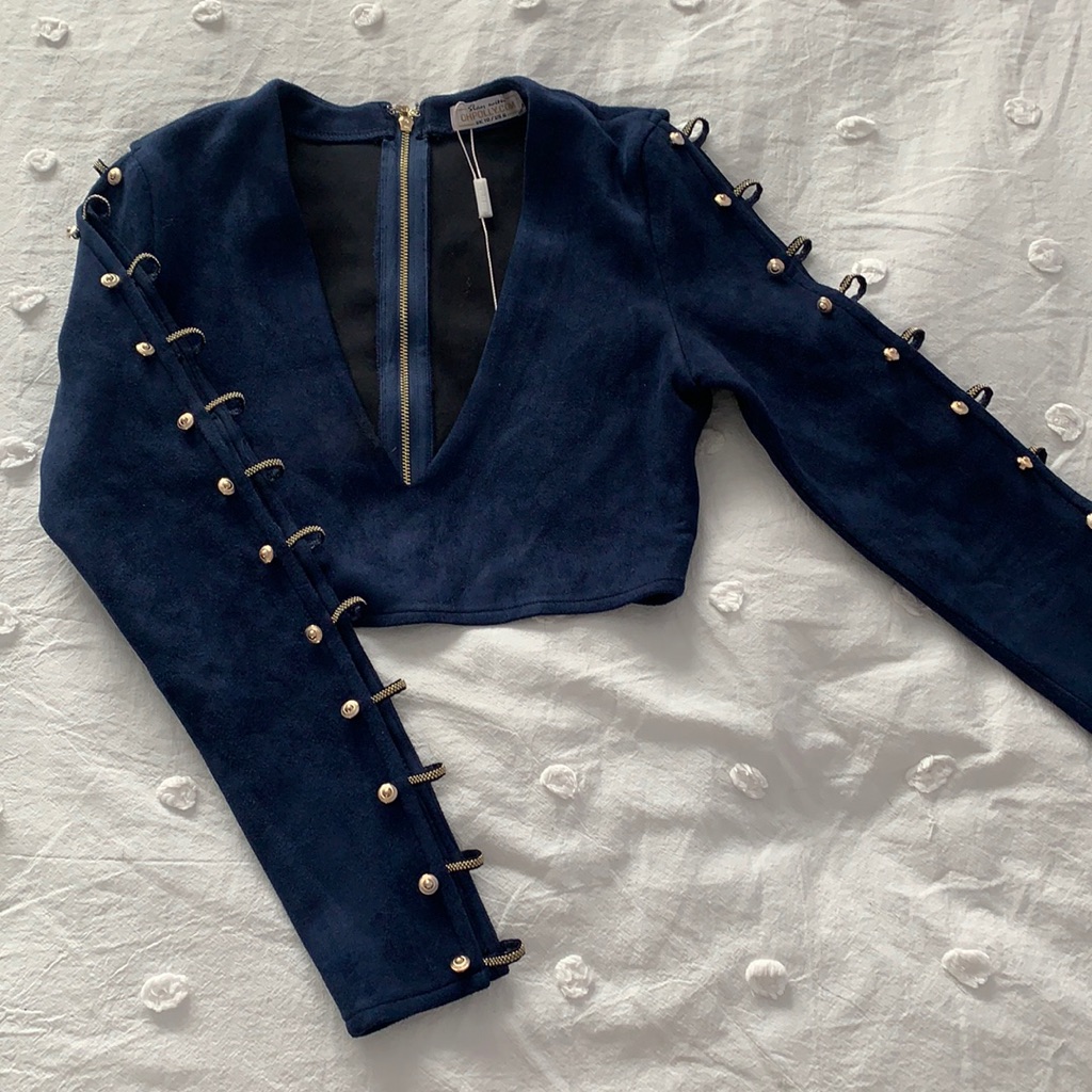 Ohpolly Navy Blue Suede Crop Top